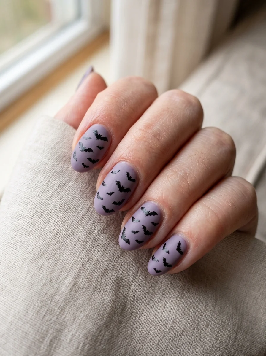 Photorealistic close-up of a hand with dusty lavender nails scattered with tiny black bat silhouettes of varying sizes