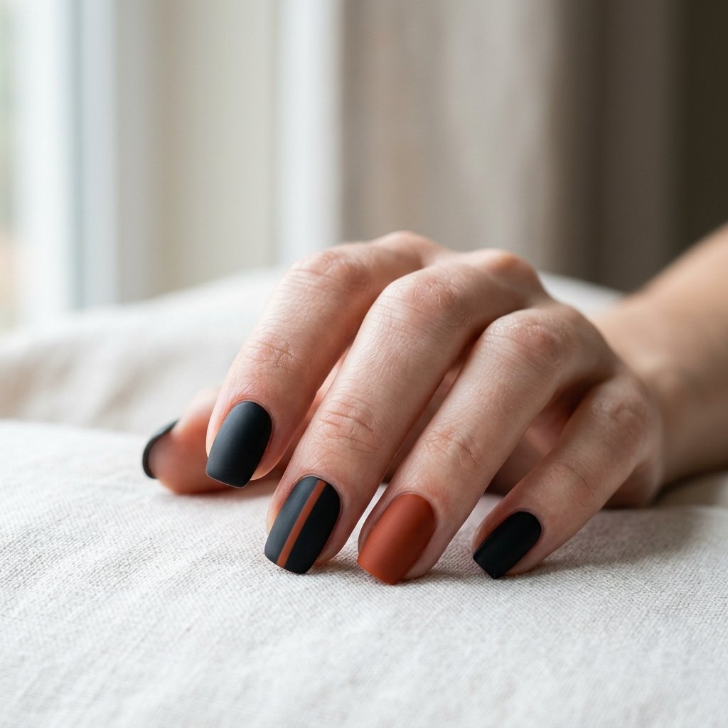 Matte black nails with deep burnt orange accent nails and a minimalist orange stripe