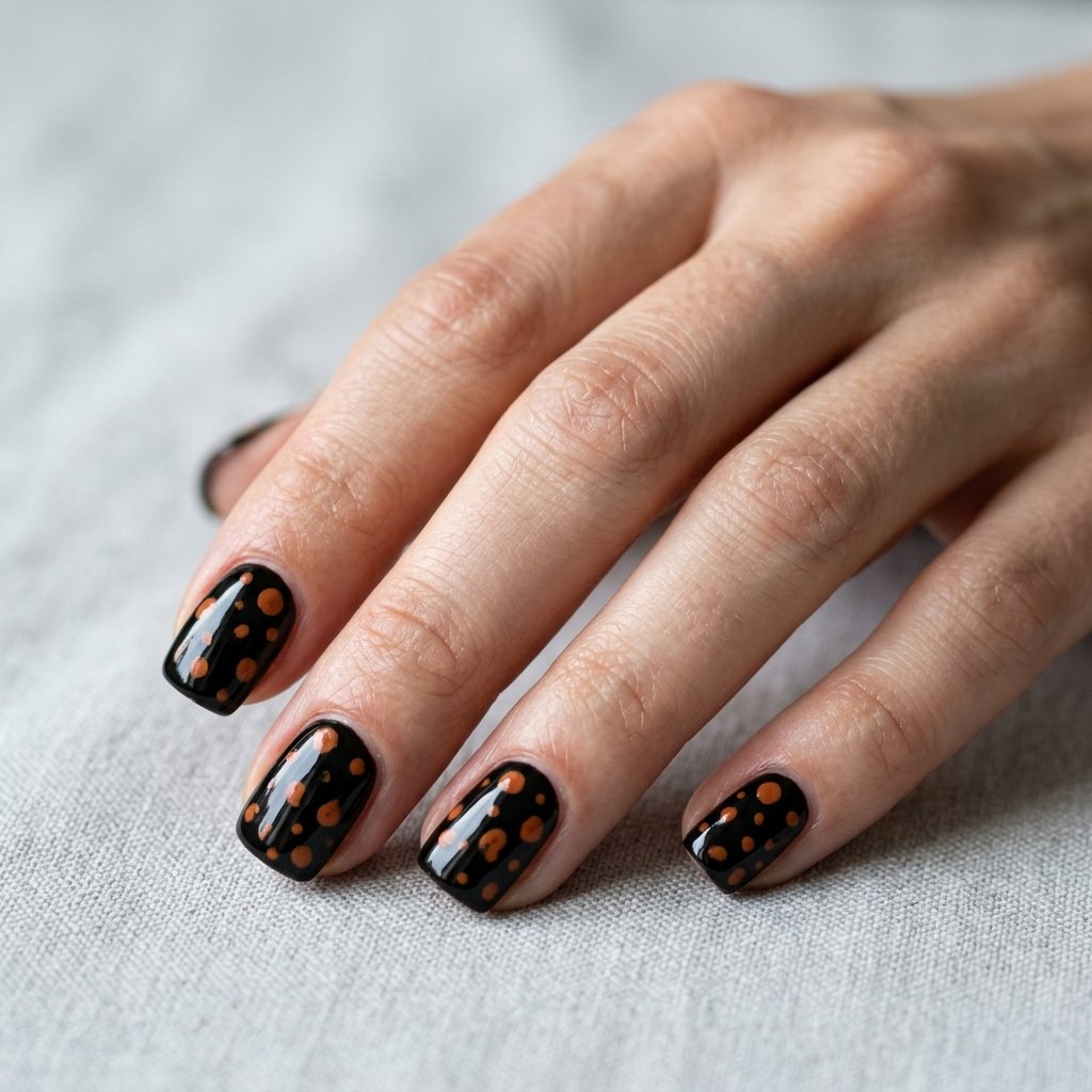 Glossy black nails scattered with irregular burnt orange dots