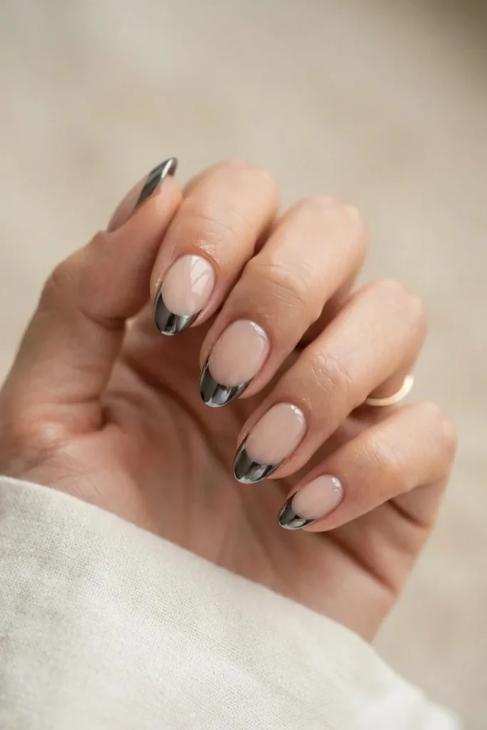 Sheer nude nails with a gunmetal mirror chrome French tip