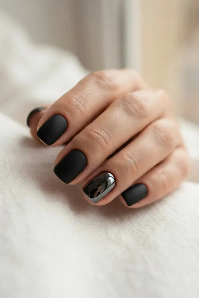 Four matte black nails with one black chrome accent nail on the ring finger