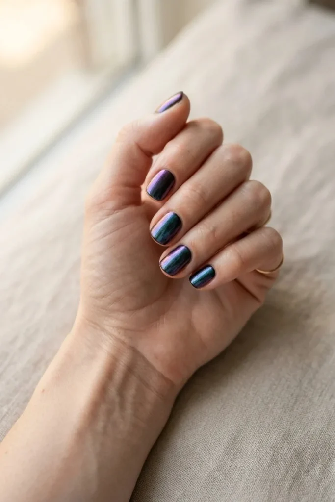 Short nails in oil slick multichrome shifting between purple, teal and bronze