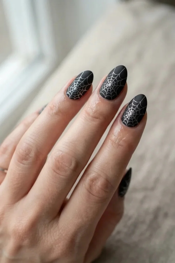 Matte black nails with a fine silver chrome spiderweb drawn across the surface