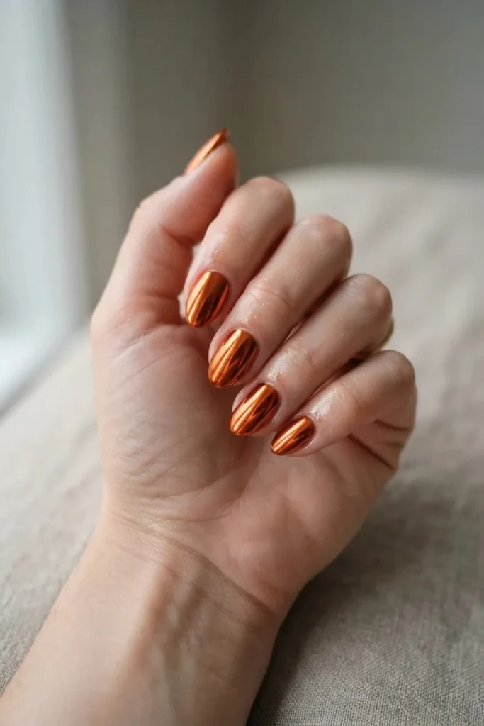 Short almond nails in a burnt orange mirror chrome finish
