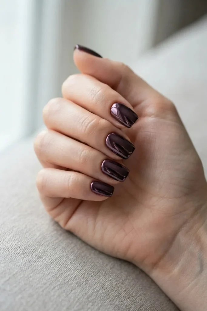 Deep plum mirror chrome nails with a metallic sheen