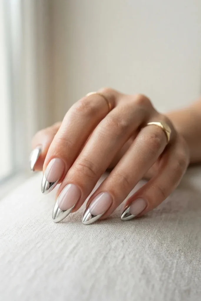 Long almond nails with silver mirror chrome tips over a sheer base