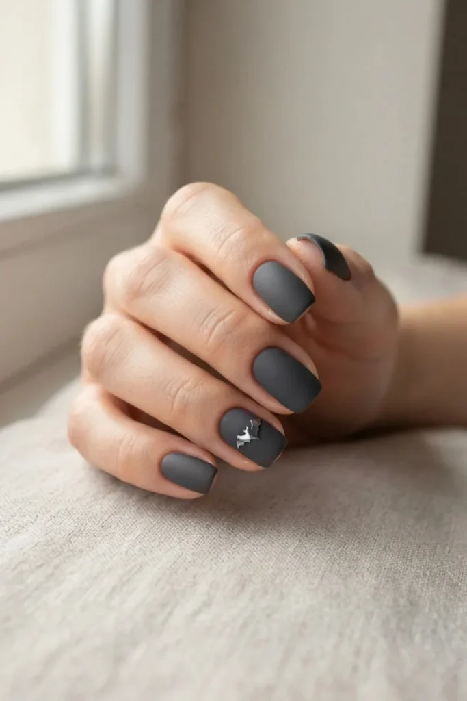 Matte charcoal nails with a small silver chrome bat silhouette on the ring finger