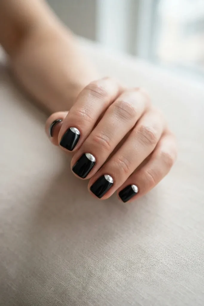 Black nails with a silver chrome half moon at the cuticle