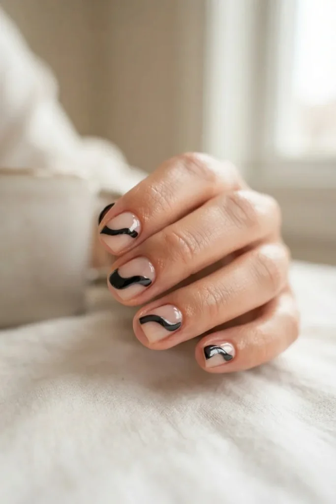 Short nails with a black chrome wave across the middle and bare nail either side