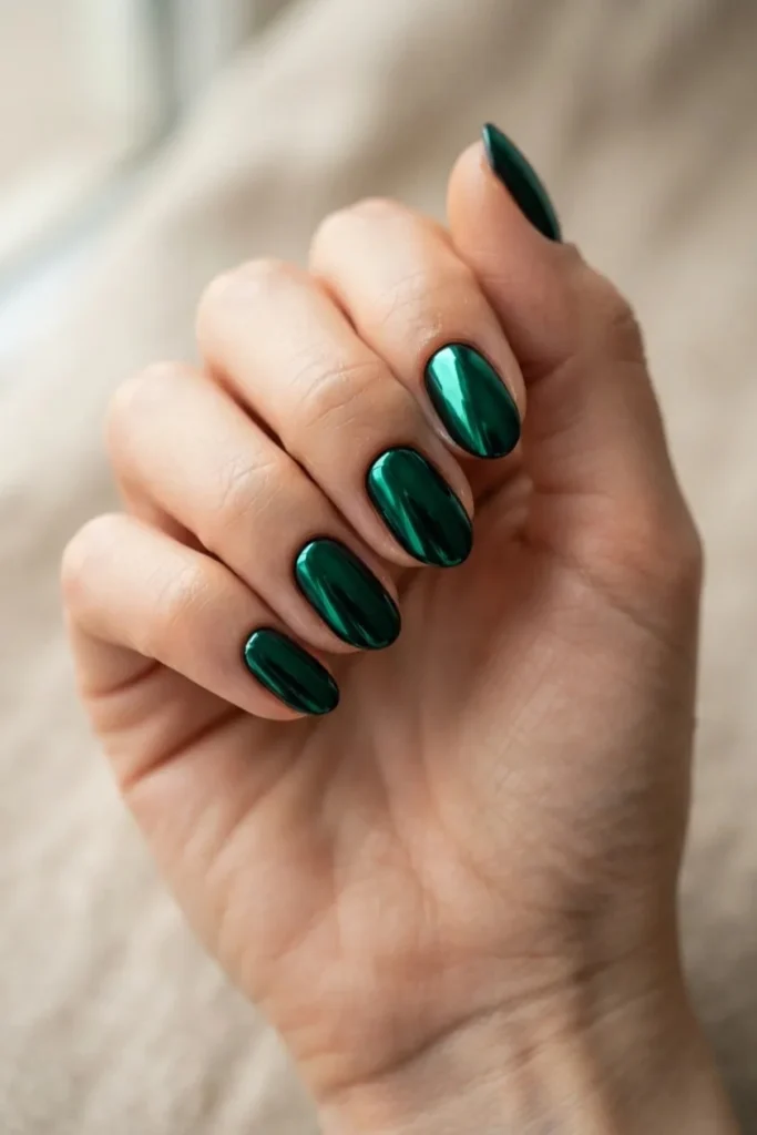 Short almond nails in a deep emerald green mirror chrome over black