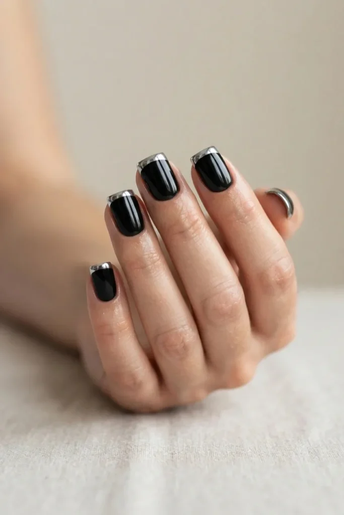 Short square nails with a solid black base and silver chrome confined to the tips