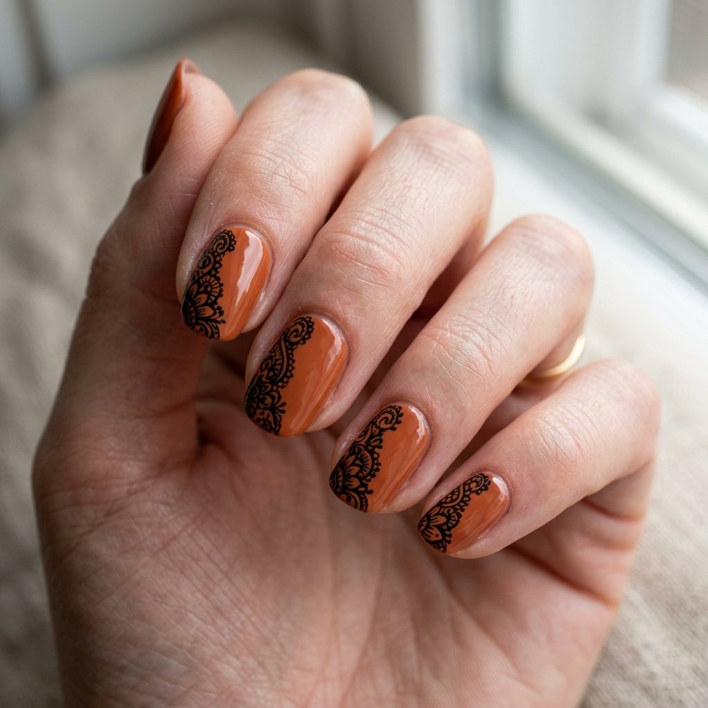 Photorealistic close-up of a hand with burnt orange nails with delicate fine black lacework along one edge