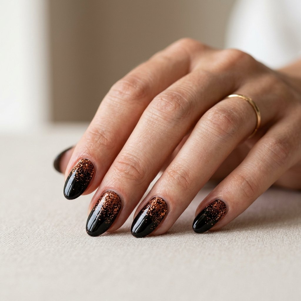 Photorealistic close-up of a hand with glossy black nails with dense copper glitter concentrated at the cuticle and fading toward the middle