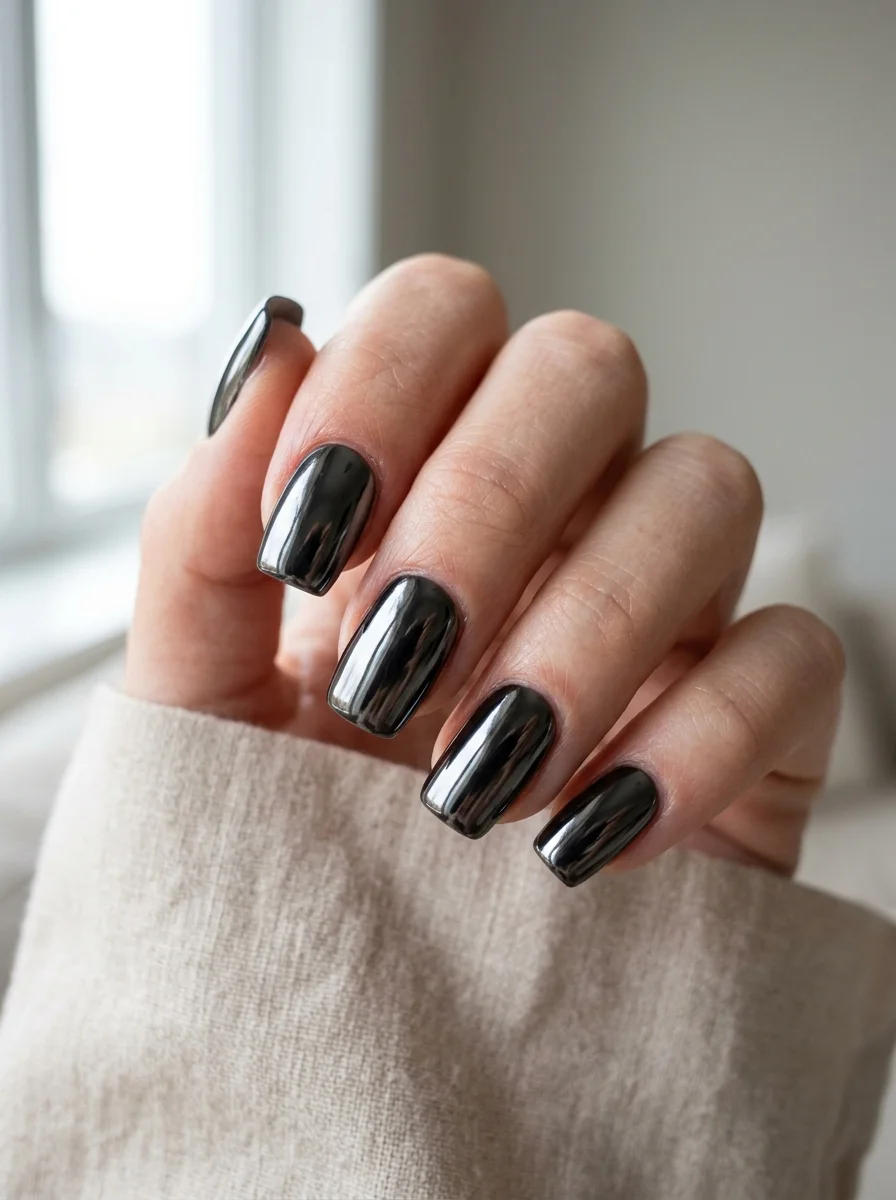 Photorealistic close-up of a hand with nails with a dark mirror chrome finish in black reflecting the surrounding light
