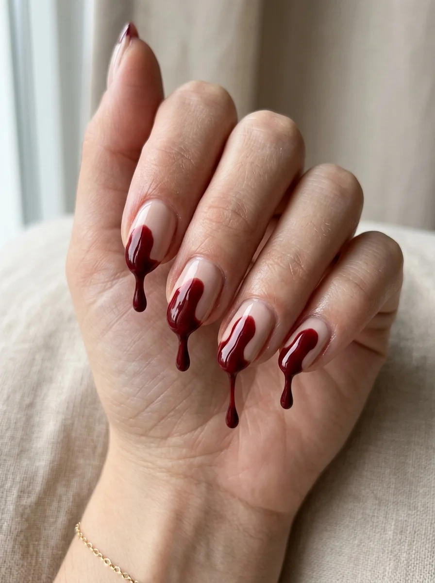 Photorealistic close-up of a hand with pale nude nails with glossy deep red drips running down from the tips in uneven lengths