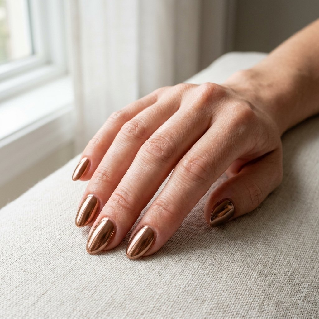 Warm bronze brown mirror chrome manicure on short almond nails
