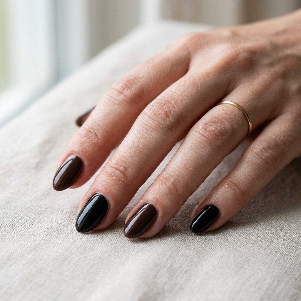 Tonal manicure alternating between chocolate brown and glossy black on short almond nails