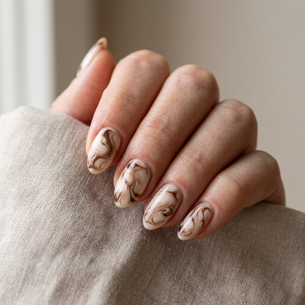 Chocolate brown and cream marbled swirl nail art on short almond nails