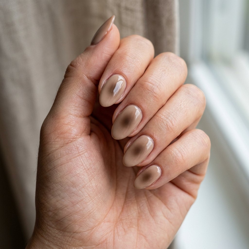 Soft brown aura nails with dark brown gradient halo in center of light brown base