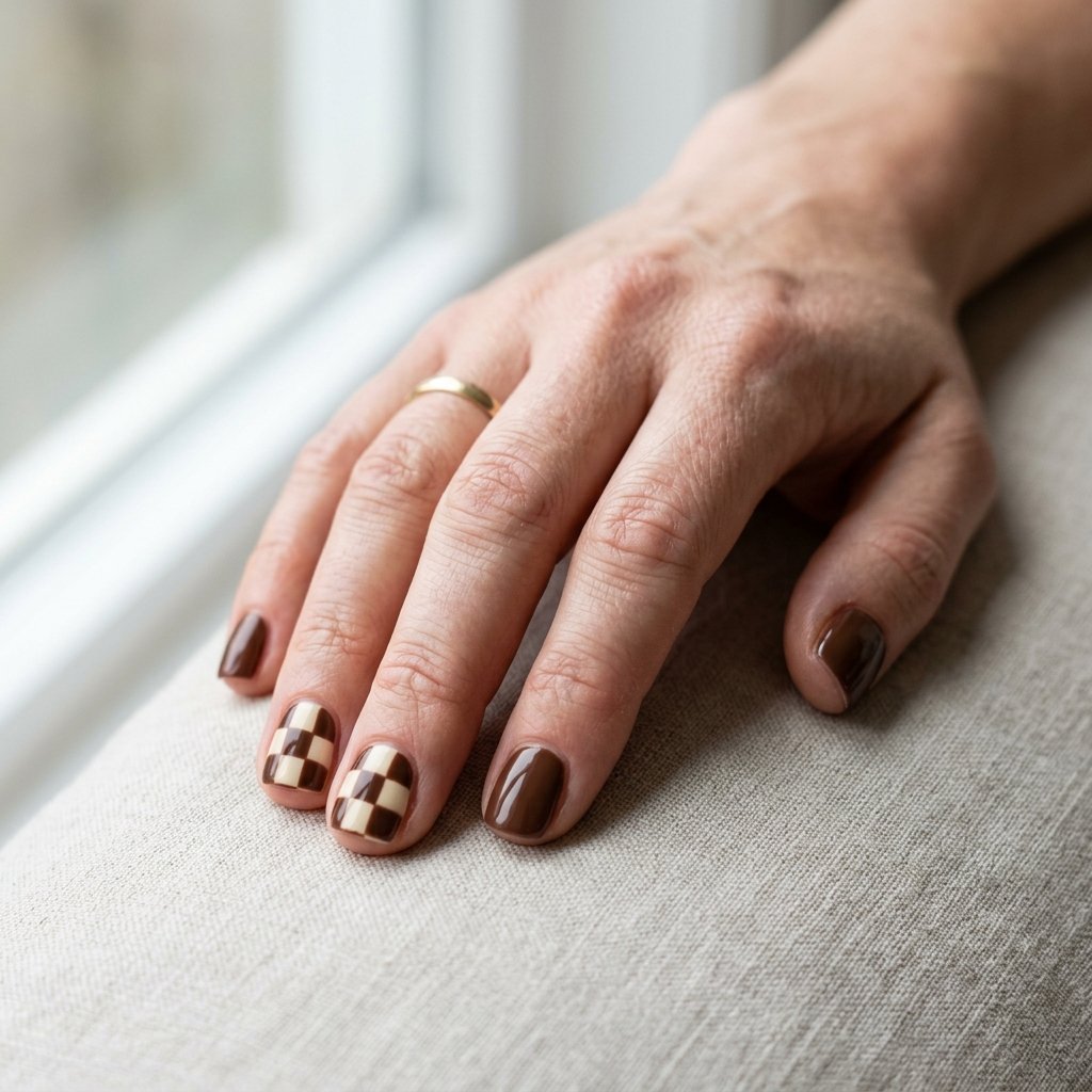 Brown and cream checkerboard pattern nail art on short square accent nails