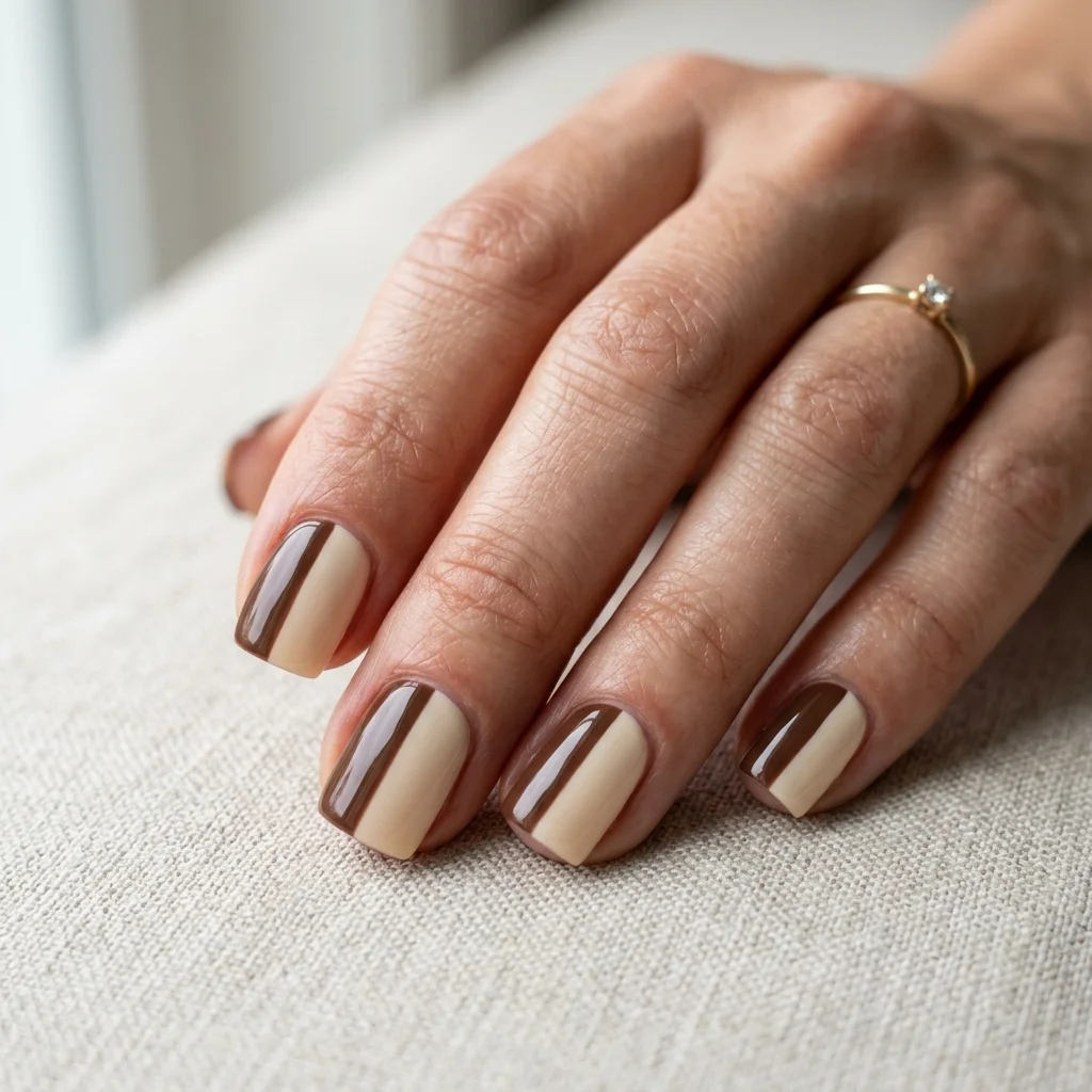 Photorealistic close-up of a hand with short square nails split half chocolate brown and half cream down the middle