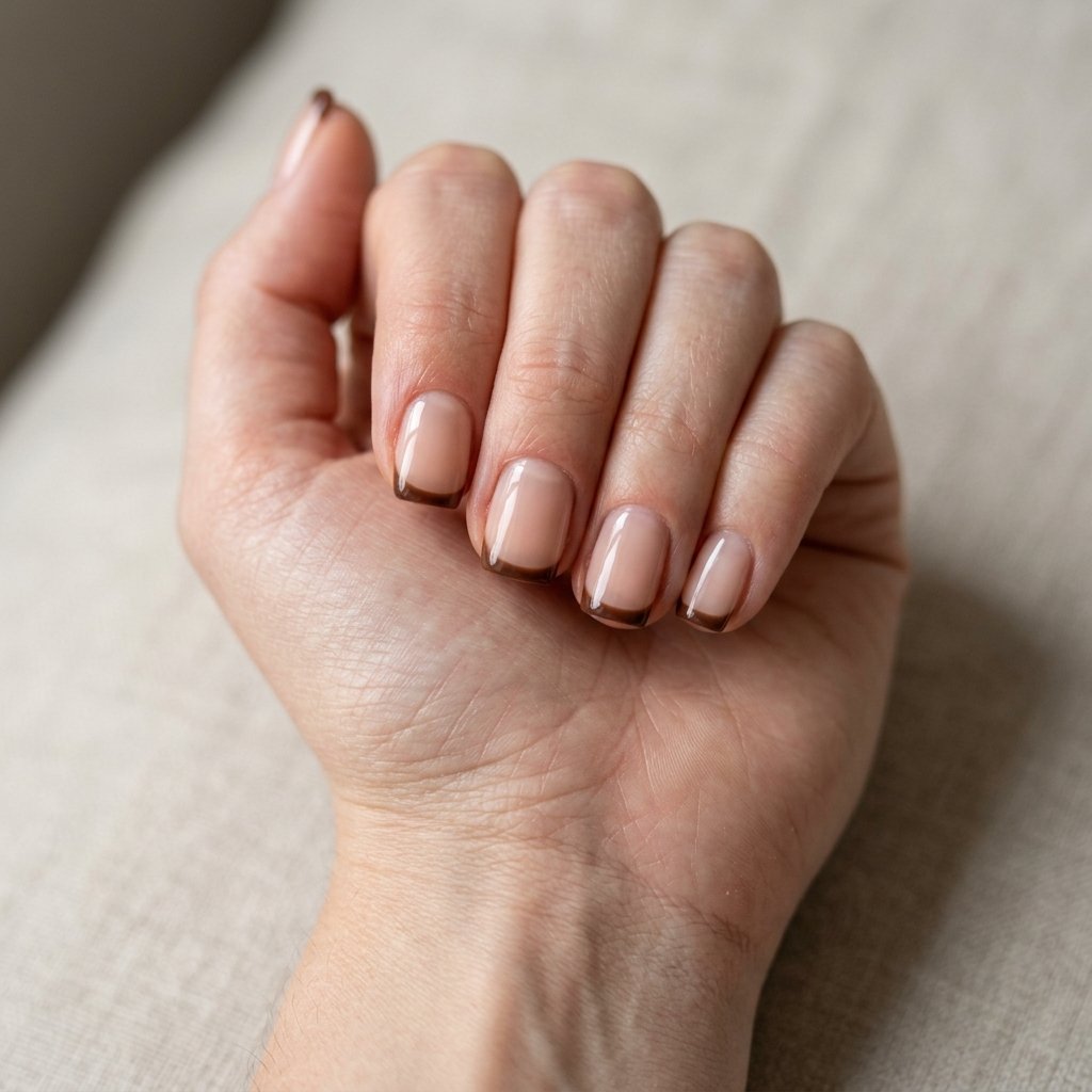Chocolate brown French tip manicure on short square nails with sheer nude base