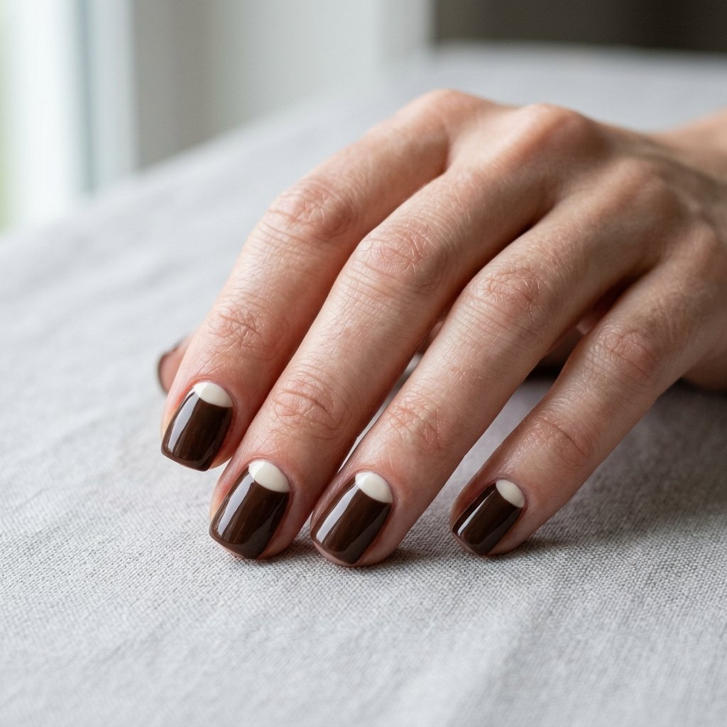 Chocolate brown nails with cream half moon crescent design at the cuticle
