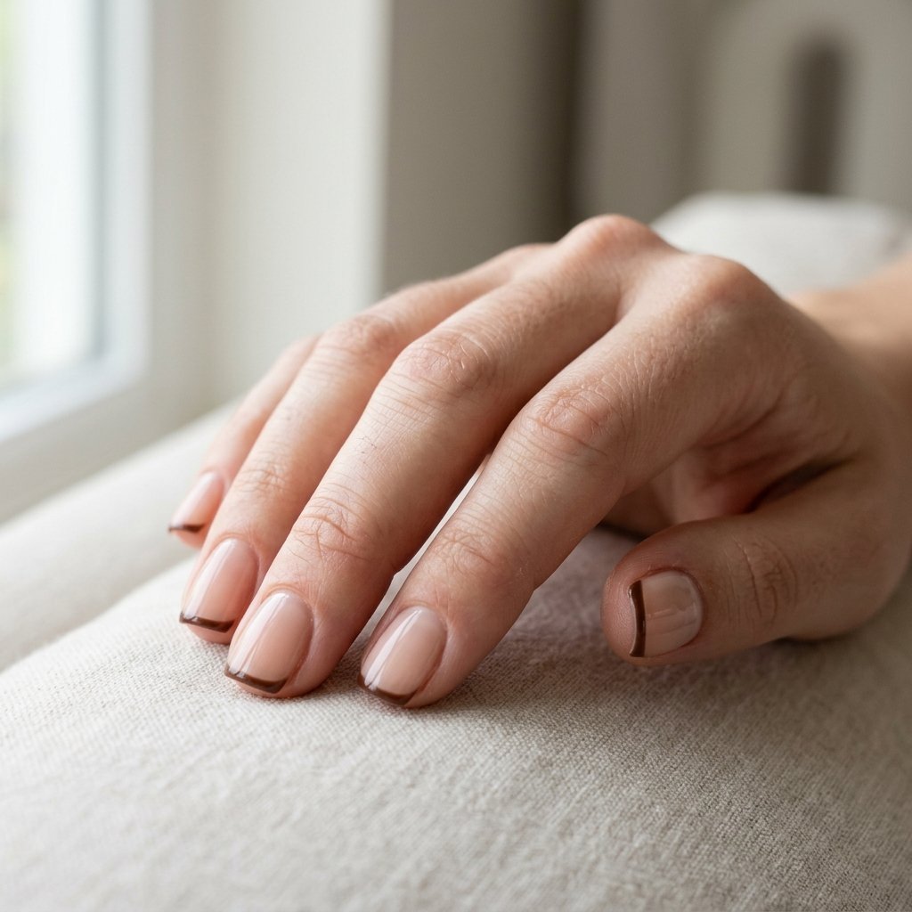 Minimalist chocolate brown micro French tip manicure on sheer nude nails