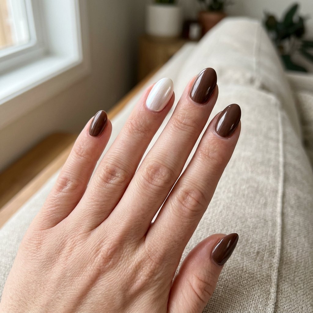 Chocolate brown nails paired with an iridescent pearl white accent nail