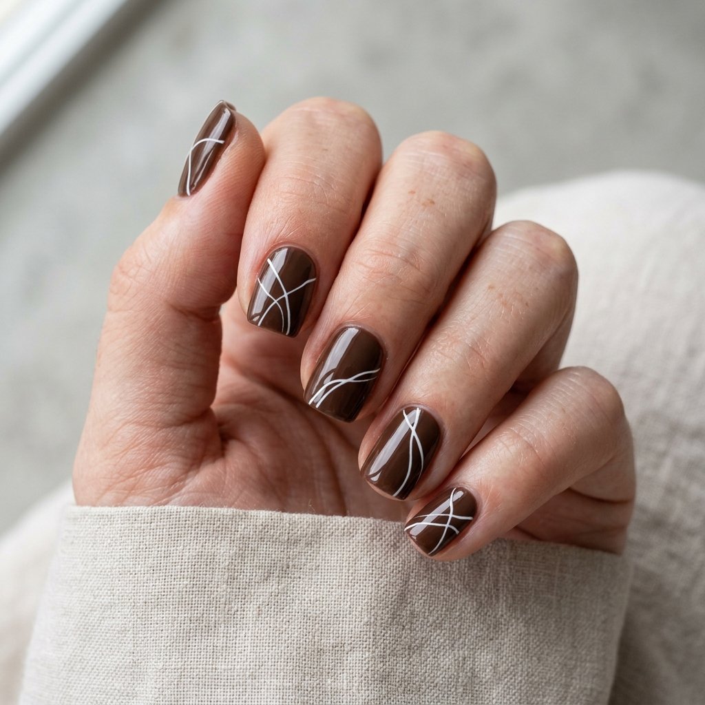 Chocolate brown nails with minimalist abstract white line art