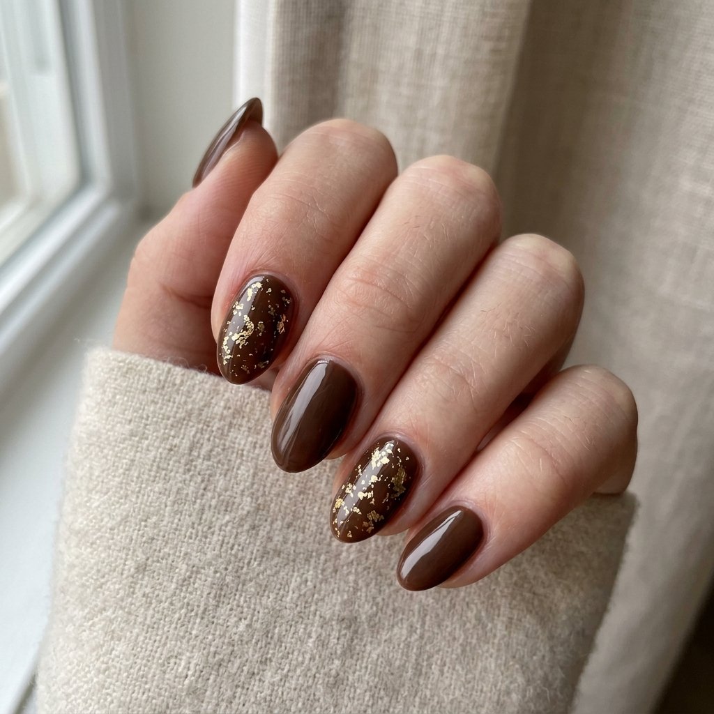 Chocolate brown nails with delicate gold foil flakes on accent nails