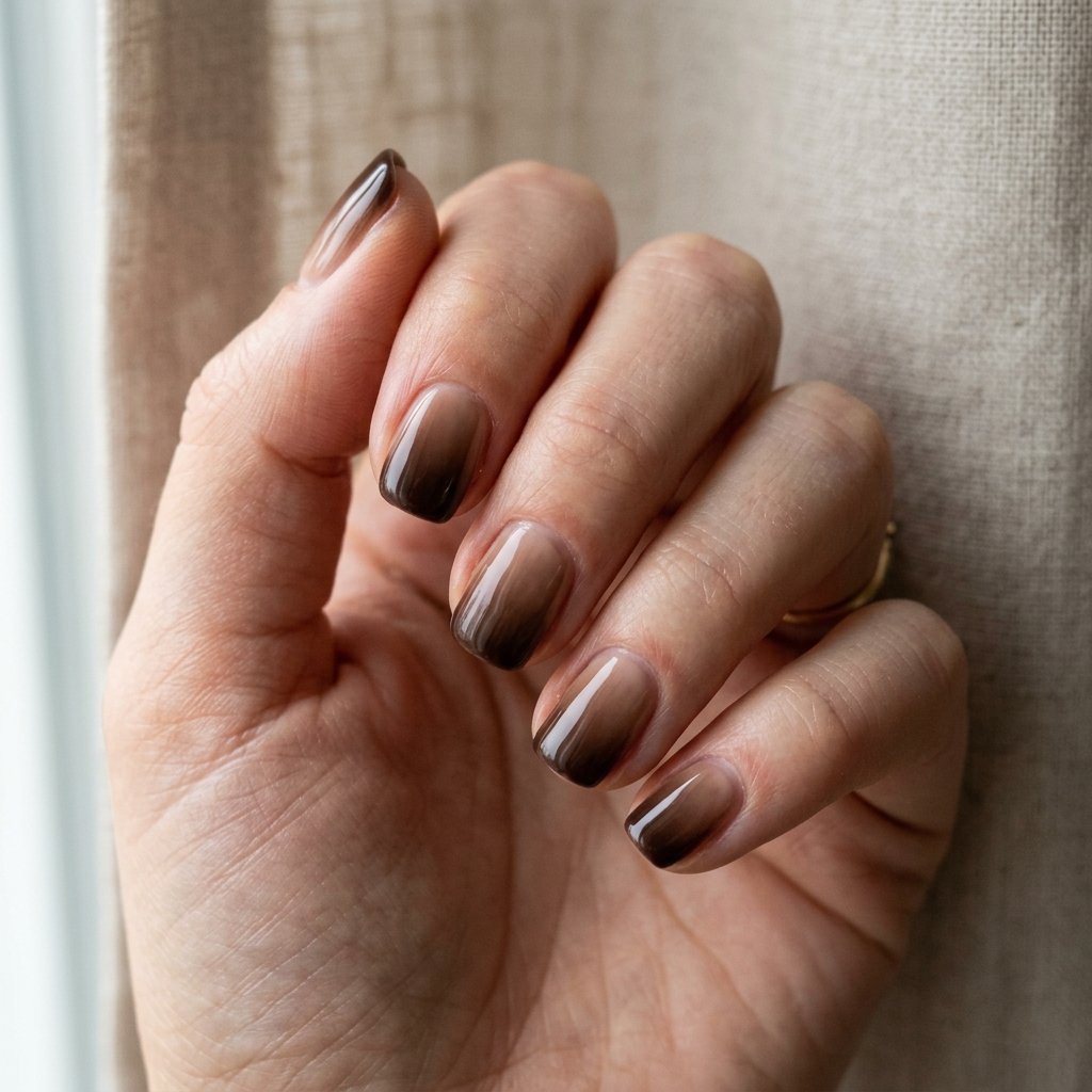 Brown ombre nails fading from dark espresso tip to pale mocha cuticle