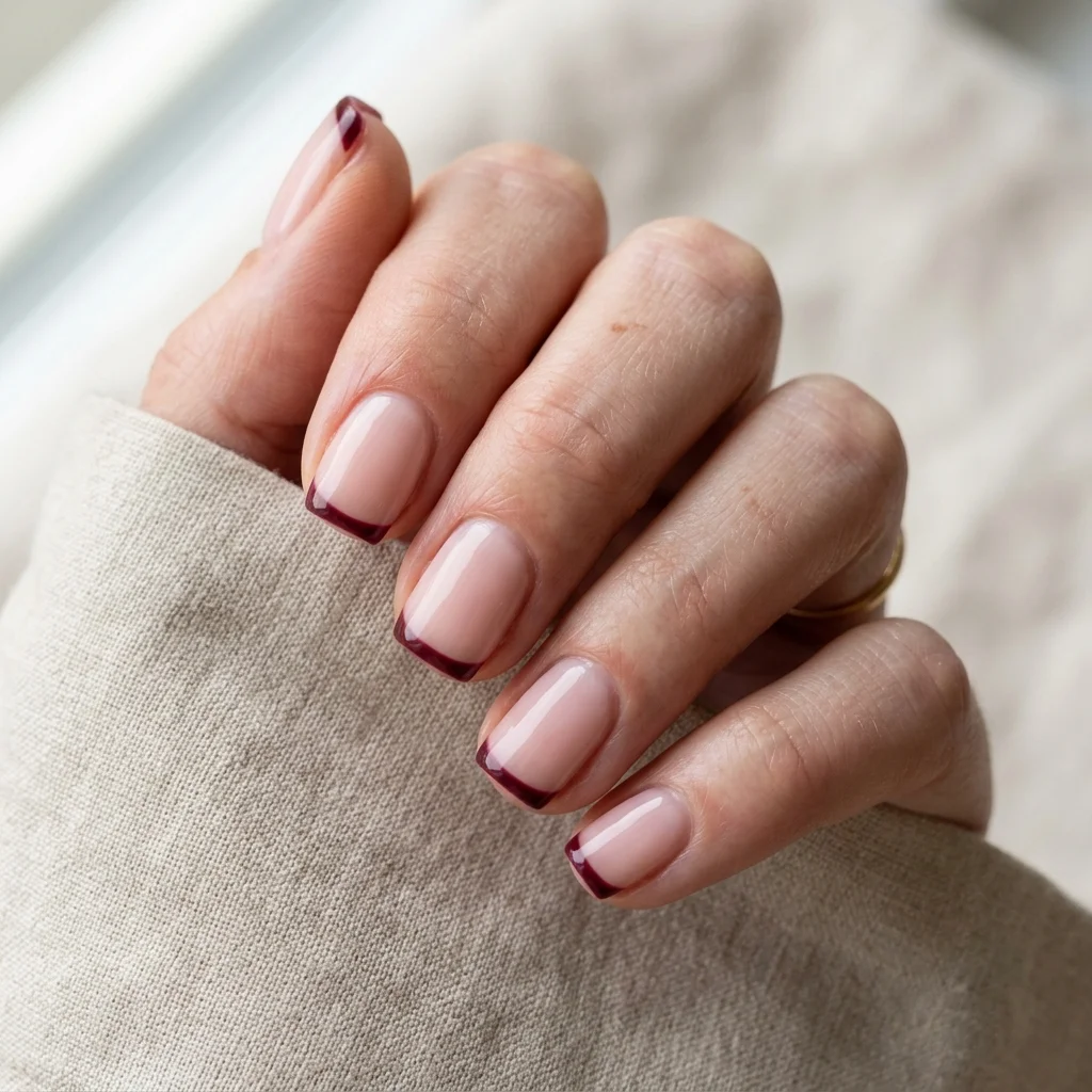 Photorealistic close-up of a hand with short square nails with a very thin burgundy micro French tip line on a sheer base