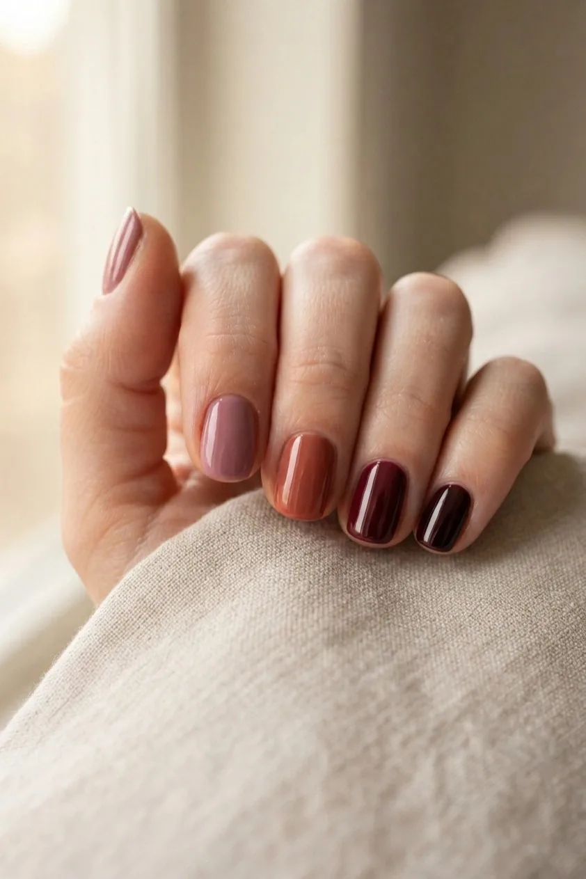 Burgundy chrome nails with a mirrored metallic finish