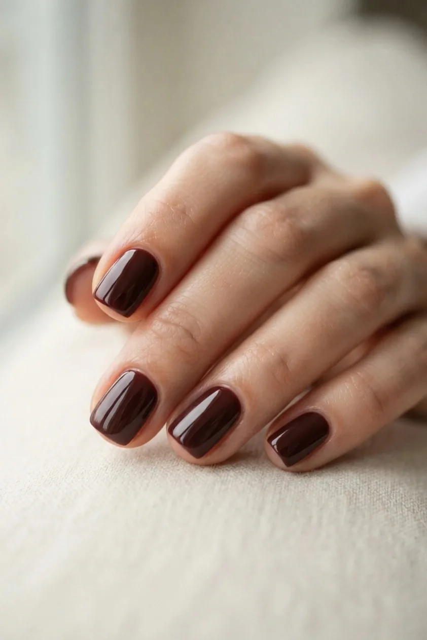 Sheer burgundy wash showing the natural nail through the color