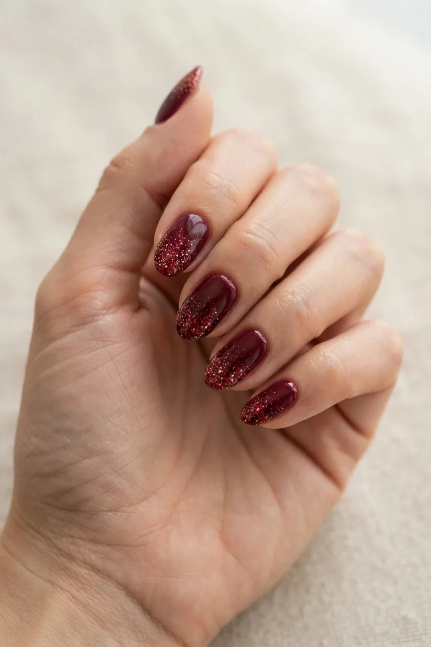 Burgundy manicure with a single gold accent nail on the ring finger