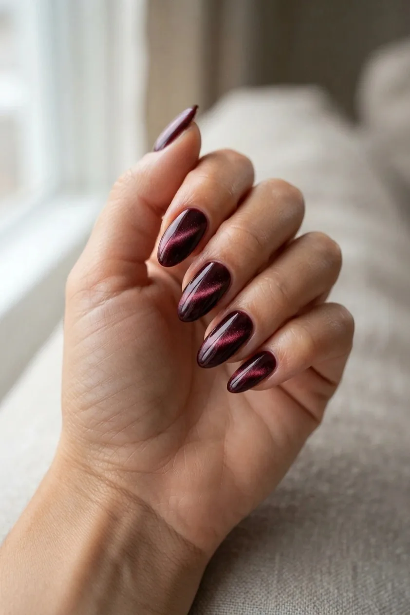 Burgundy velvet nails with a soft brushed magnetic shimmer