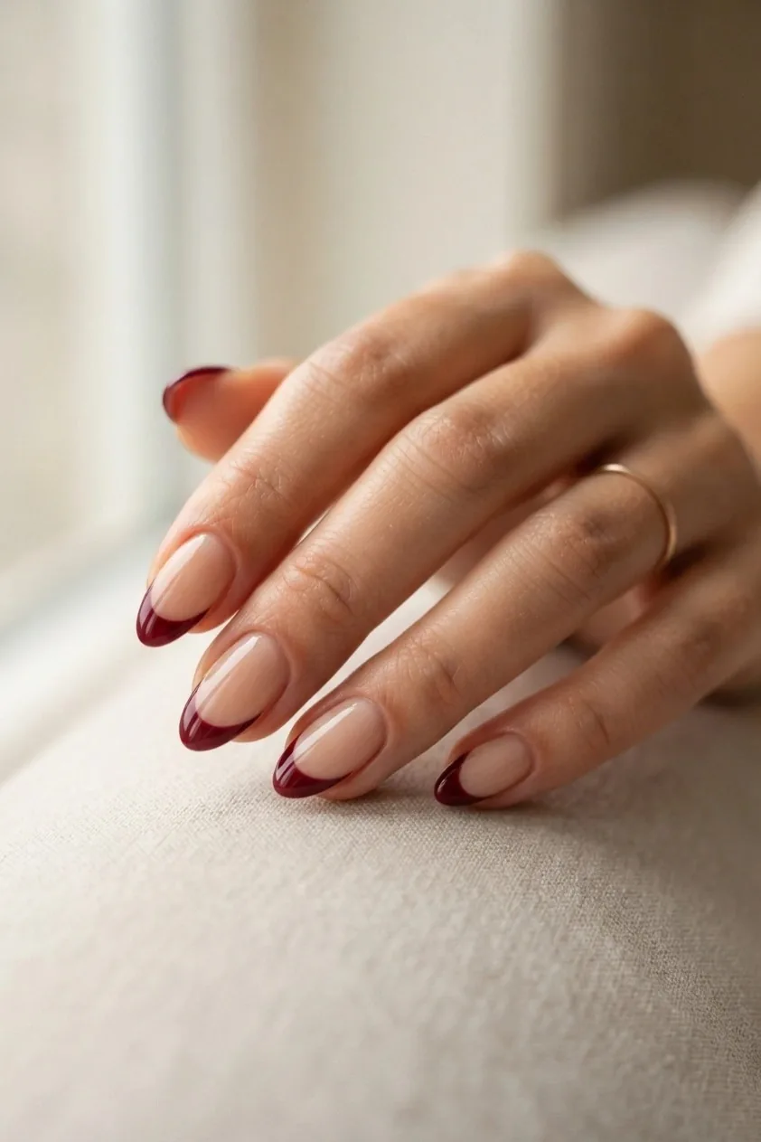 Burgundy nails outlined with a thin black micro French tip