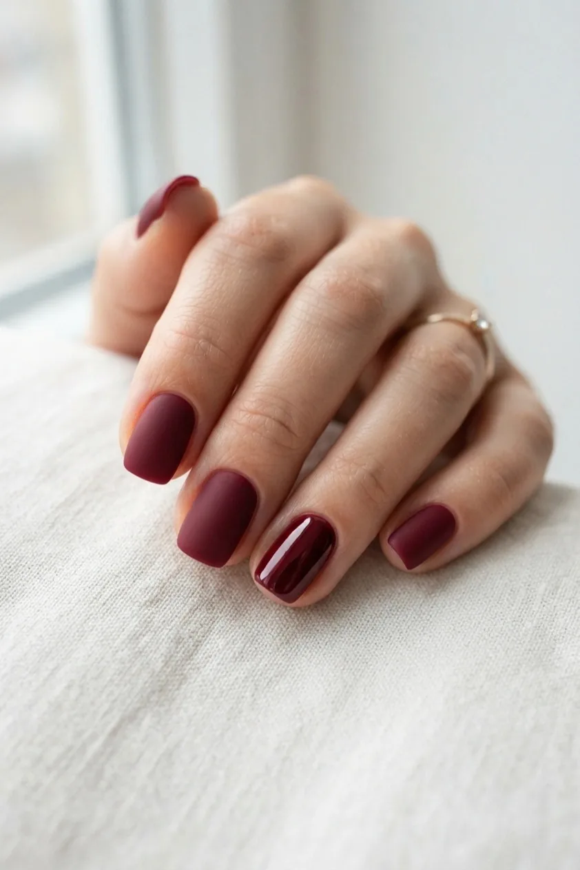 Nails split half burgundy and half nude down the center