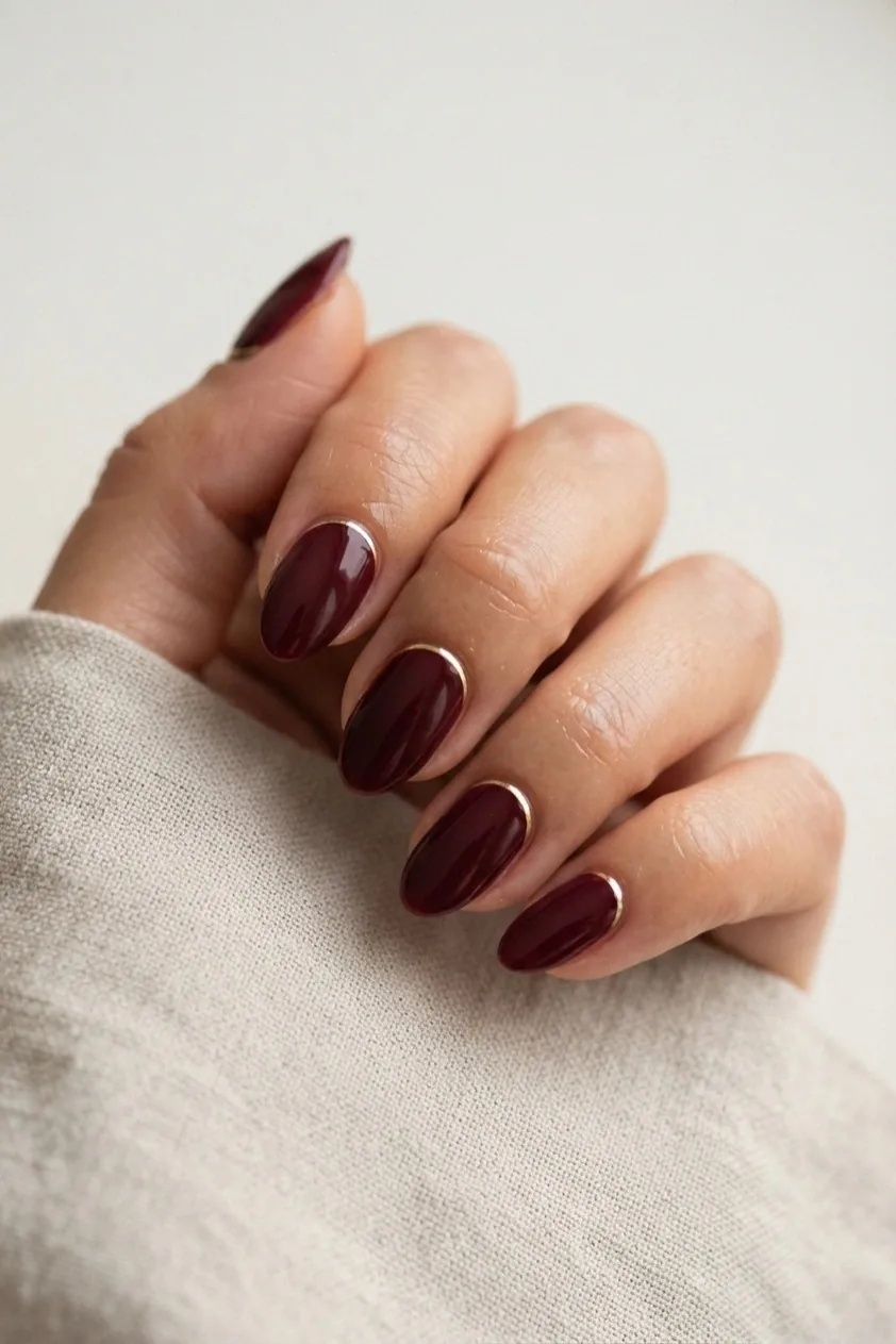 Burgundy nails with dense glitter concentrated at the tips