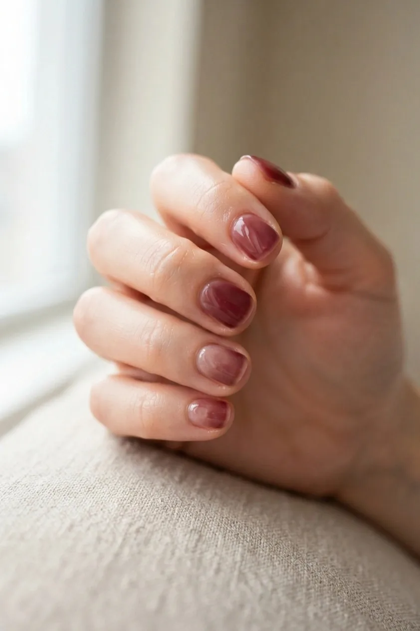 Oxblood polish on short square natural nails