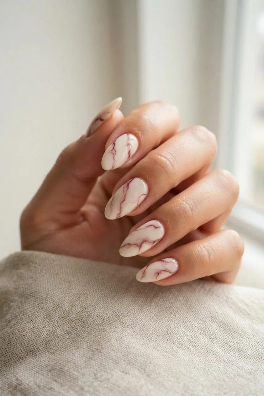 Burgundy nails finished with a thin gold line at the cuticle