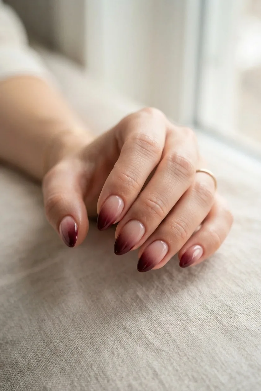 Wine polish scattered with fine copper flecks