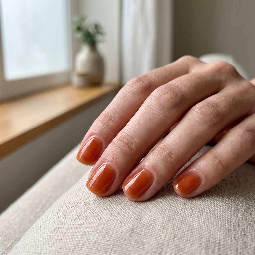 Sheer translucent burnt orange nails with a glossy jelly finish