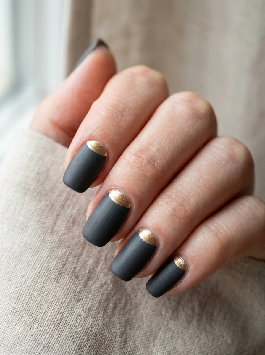 Photorealistic close-up of a hand with matte charcoal nails with a clean warm gold half moon curve at the cuticle