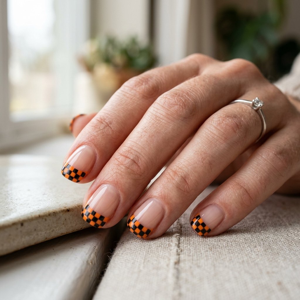 Photorealistic close-up of a hand with nude nails with a small two-row orange and black checkerboard pattern across the tips