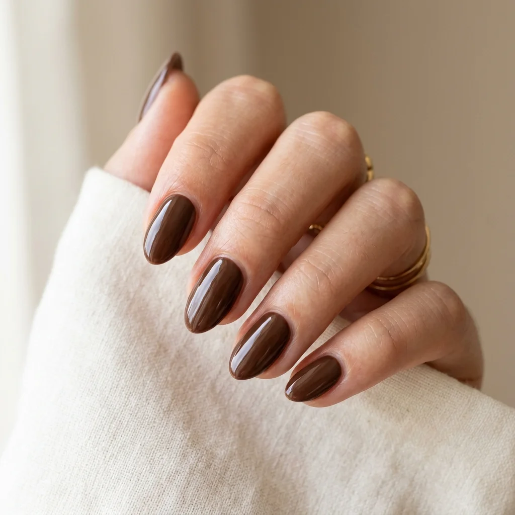 Photorealistic close-up of a hand with short almond nails in a rich chocolate brown creme polish