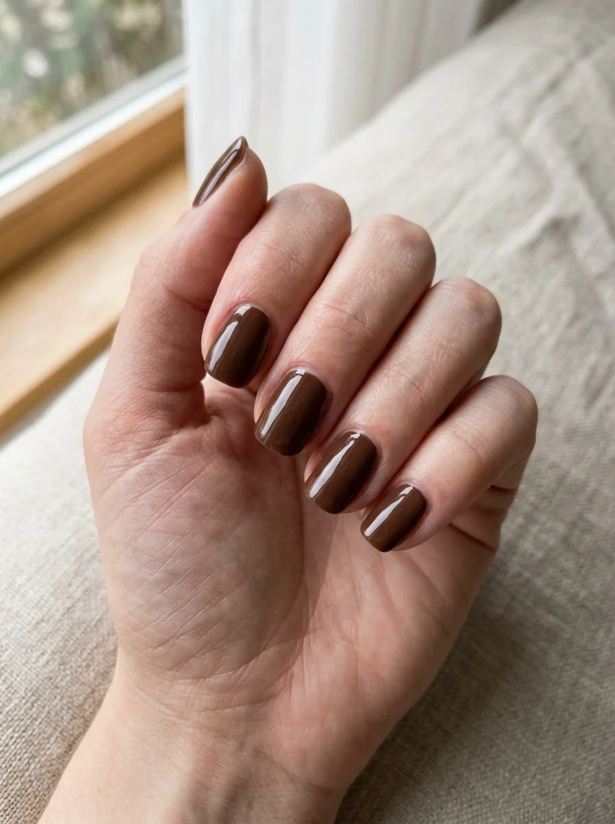 Photorealistic close-up of a hand with a full set of nails in a rich glossy chocolate brown
