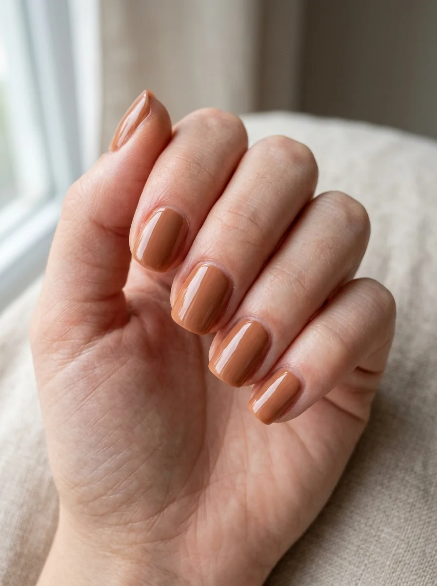 Photorealistic close-up of a hand with a full set of nails in a soft warm cinnamon tan with a smooth glossy finish