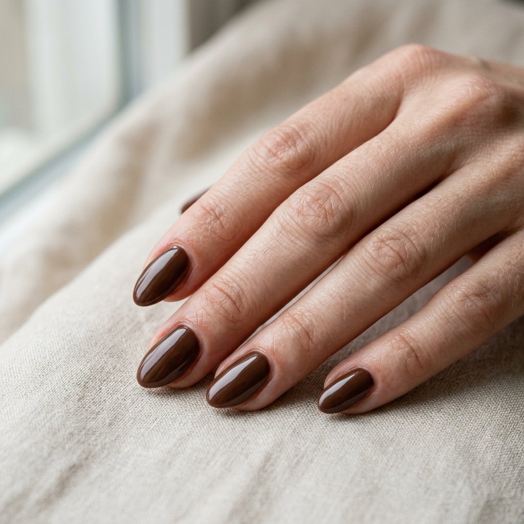 Classic chocolate brown creme manicure on short almond nails